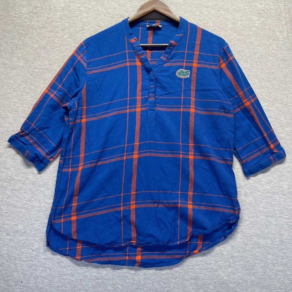 UG Apparel Tunic Shirt Womens M Blue Orange Plaid Florida Gators Logo 3/4 Sleeve